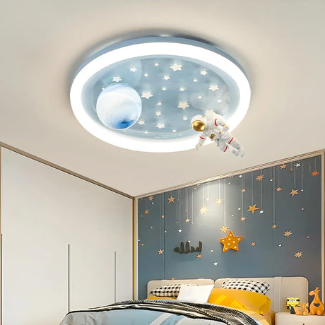 Kids Bedroom Blue Space-Themed Round Flush Mount Light Image - 2