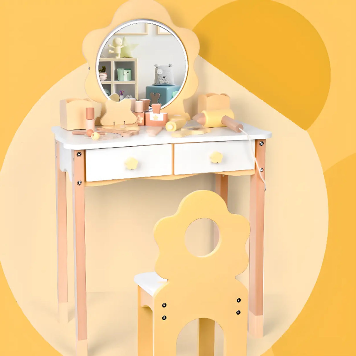 Kids Flower Wood Vanity Set with Mirror and Storage Image - 1