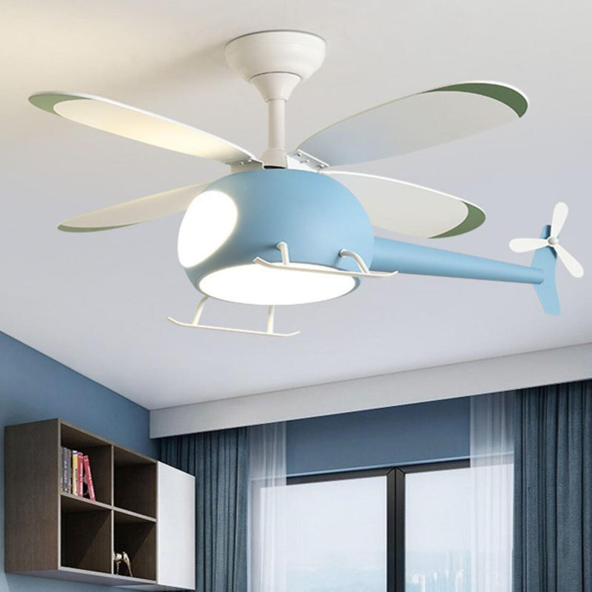 Kids Room 4 Blade Helicopter Creative Ceiling Fan Light Image - 3
