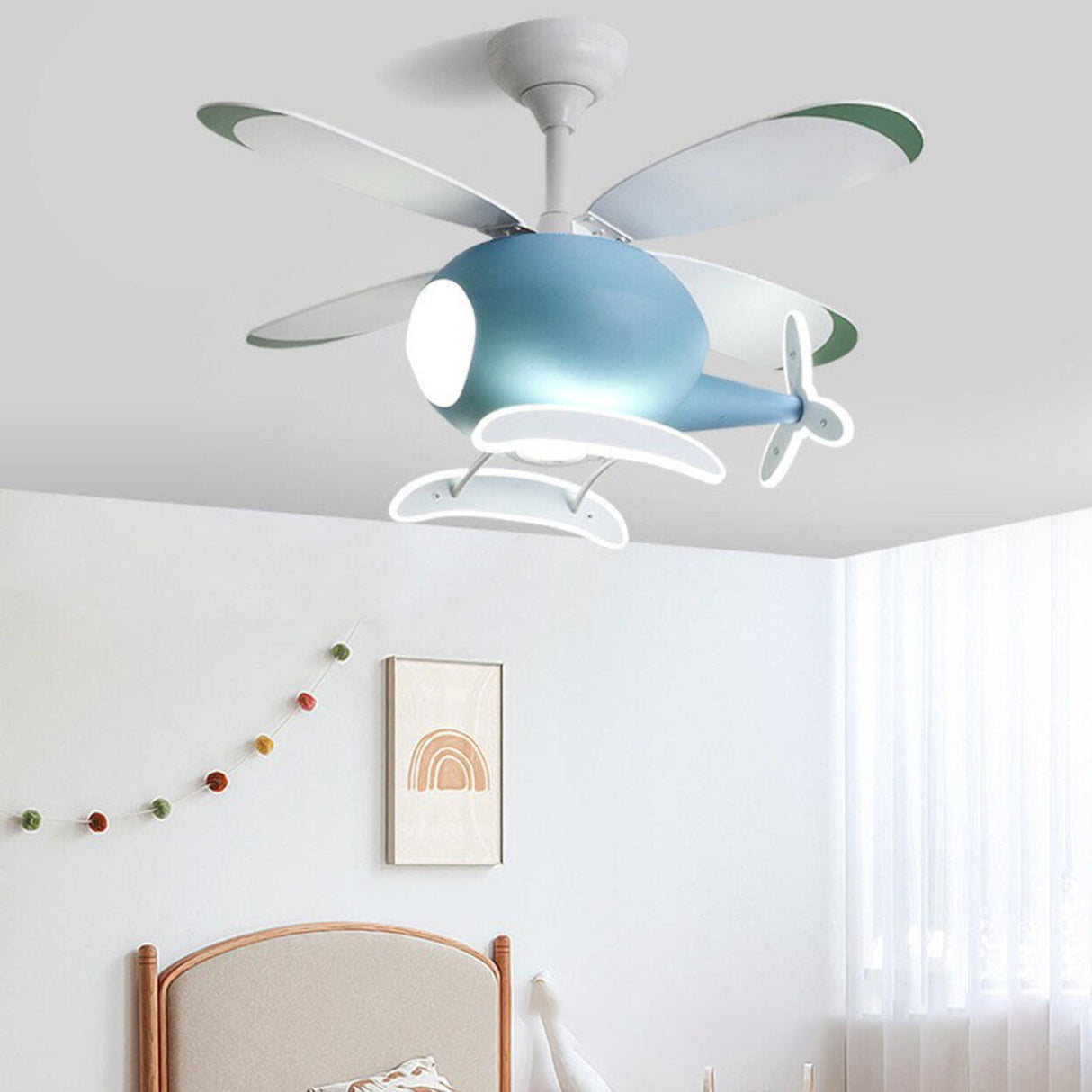 Kids Room 4 Blade Helicopter Creative Ceiling Fan Light Image - 7