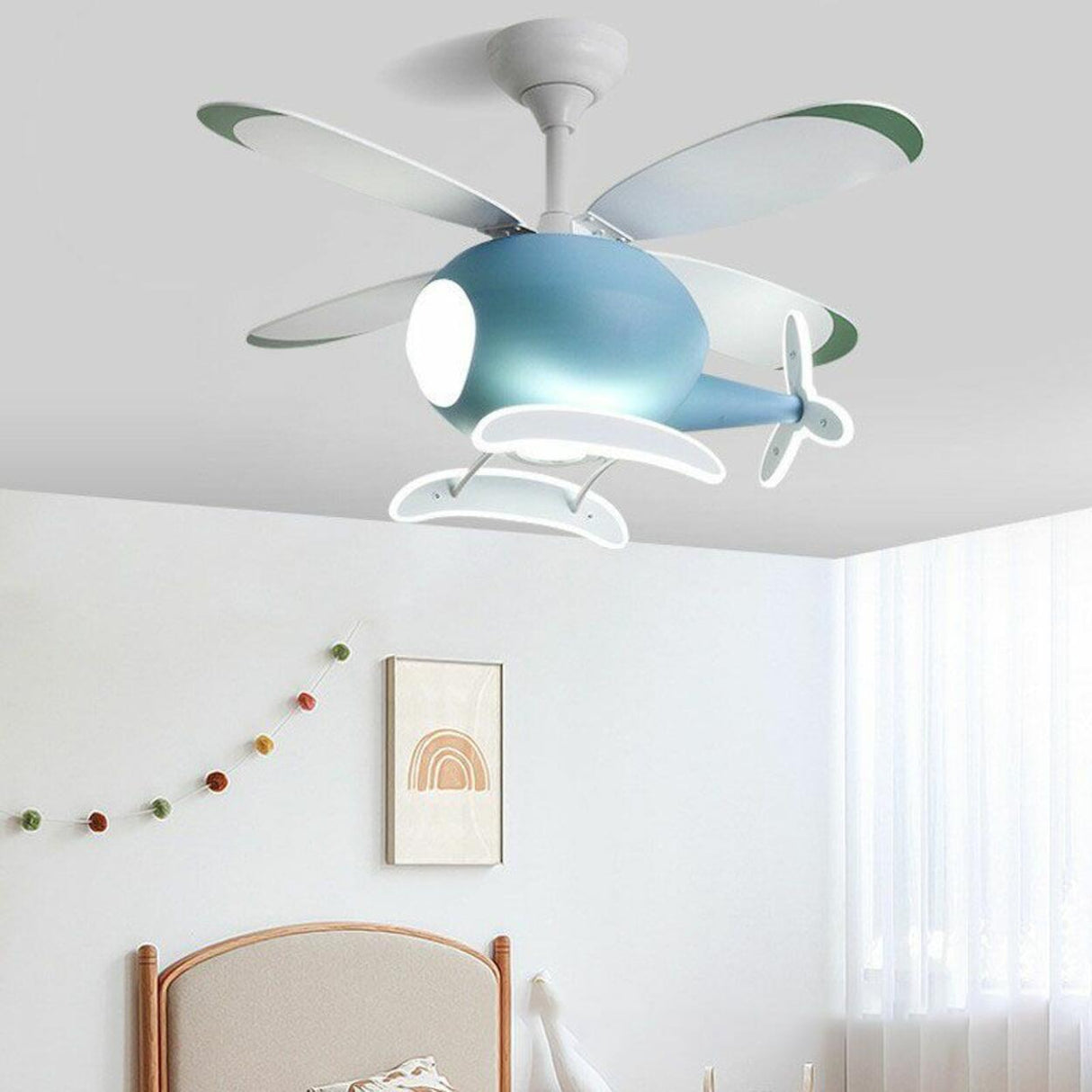 Kids Room 4 Blade Helicopter Creative Ceiling Fan Light Image - 8