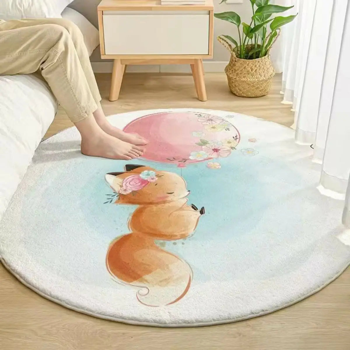 Kids Room Cute Cartoon Fox Round Polyester Pink Area Rug Image - 1