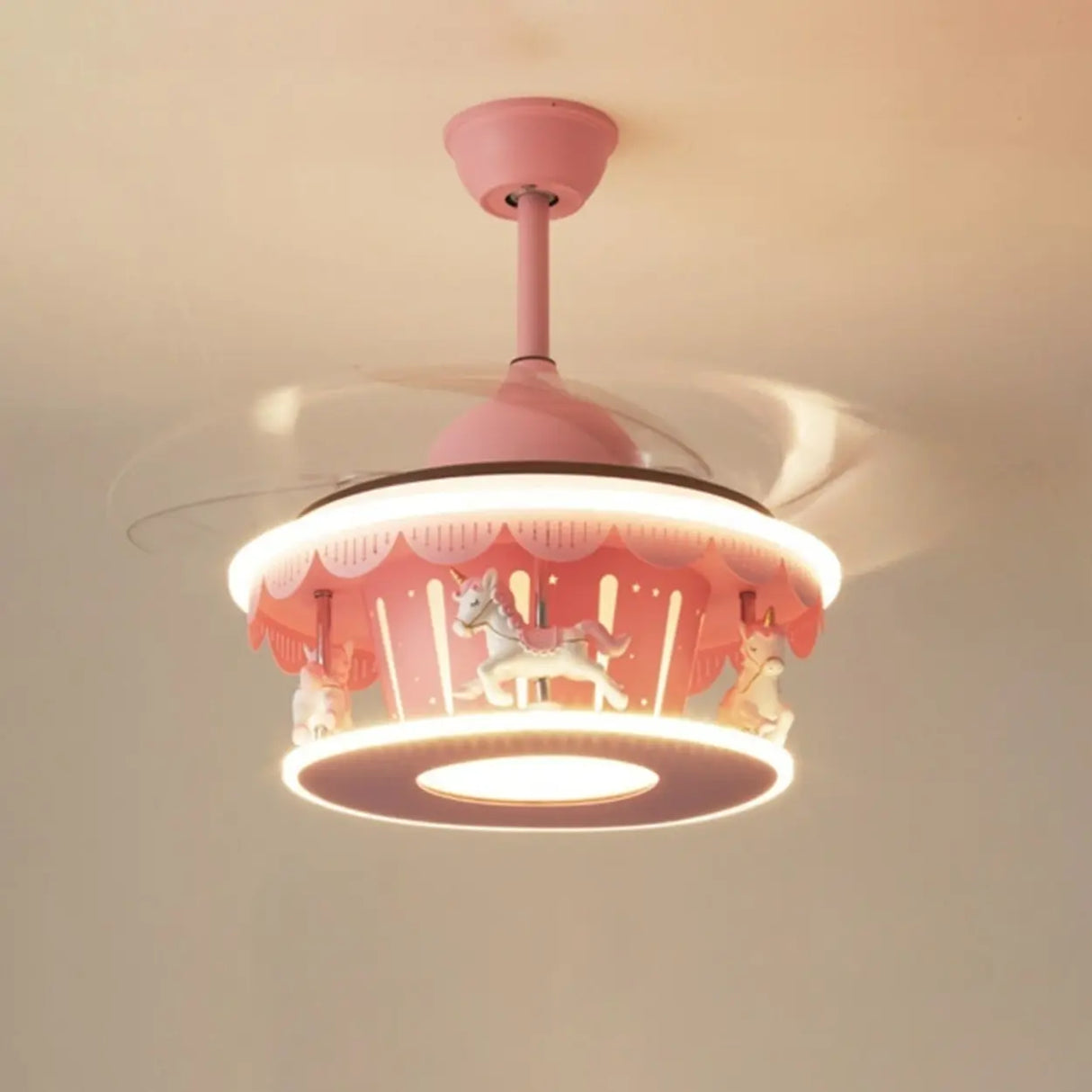 Kids Room Elegant Pink Carousel LED Ceiling Fan Light Image - 3