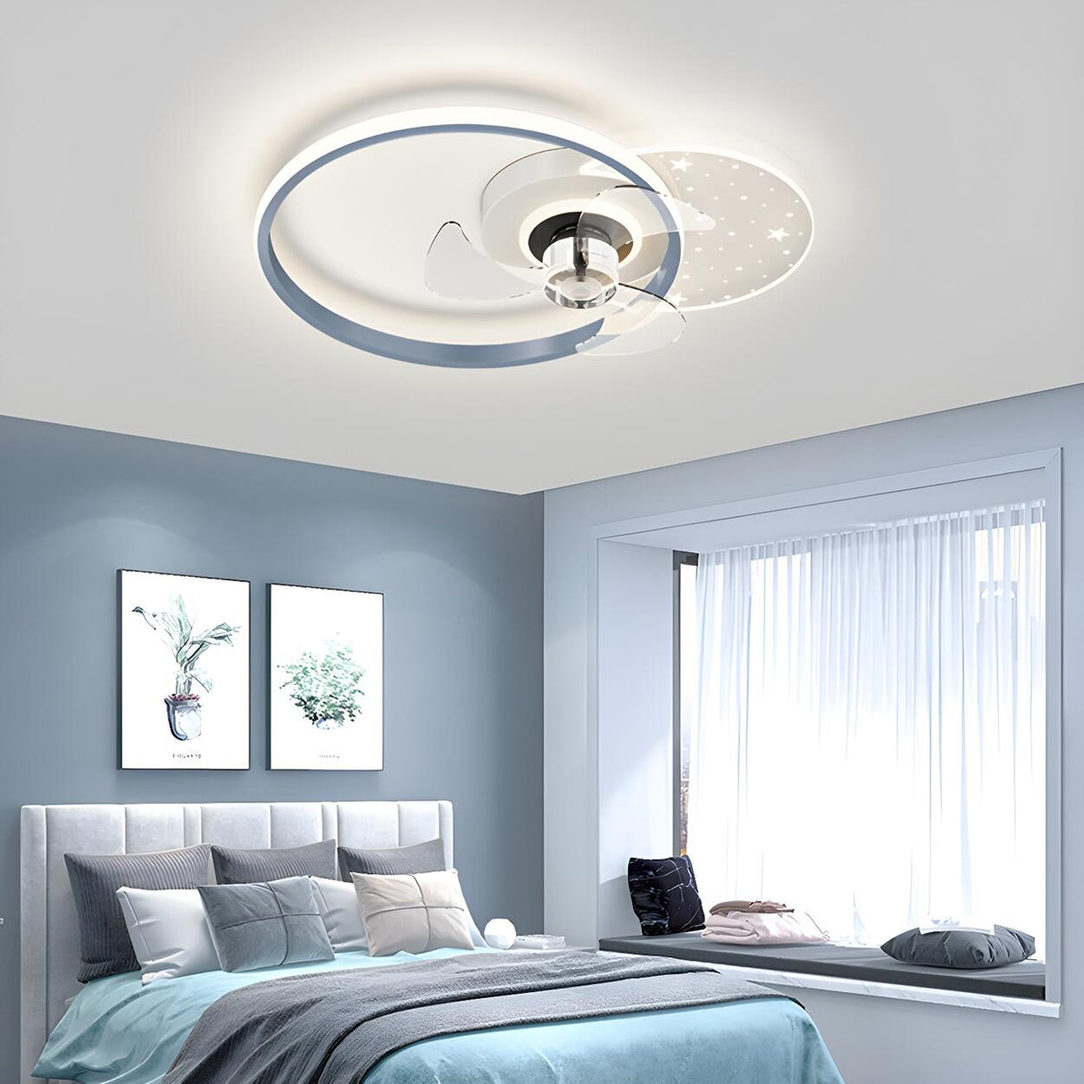 Kids Room Geometric Ring LED Ceiling Fan with Light Image - 3