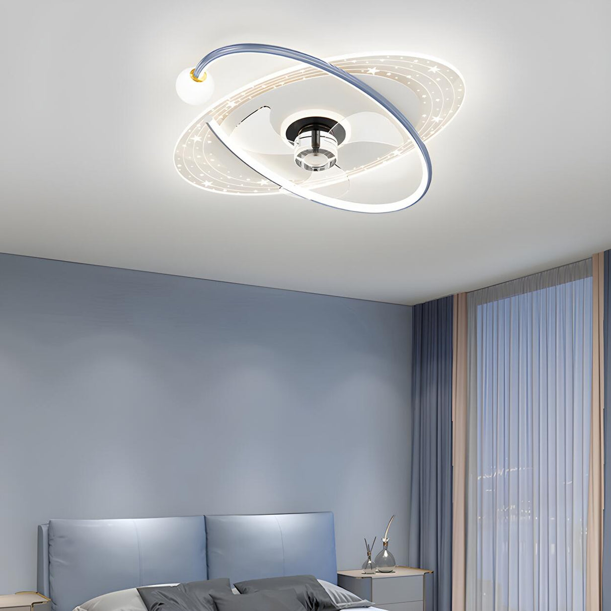 Kids Room Geometric Ring LED Ceiling Fan with Light Image - 7