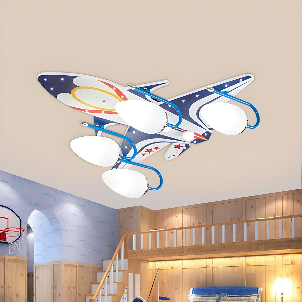 Kids Room Wood Aircraft Large Flush Mount Light 4-Light Image - 3