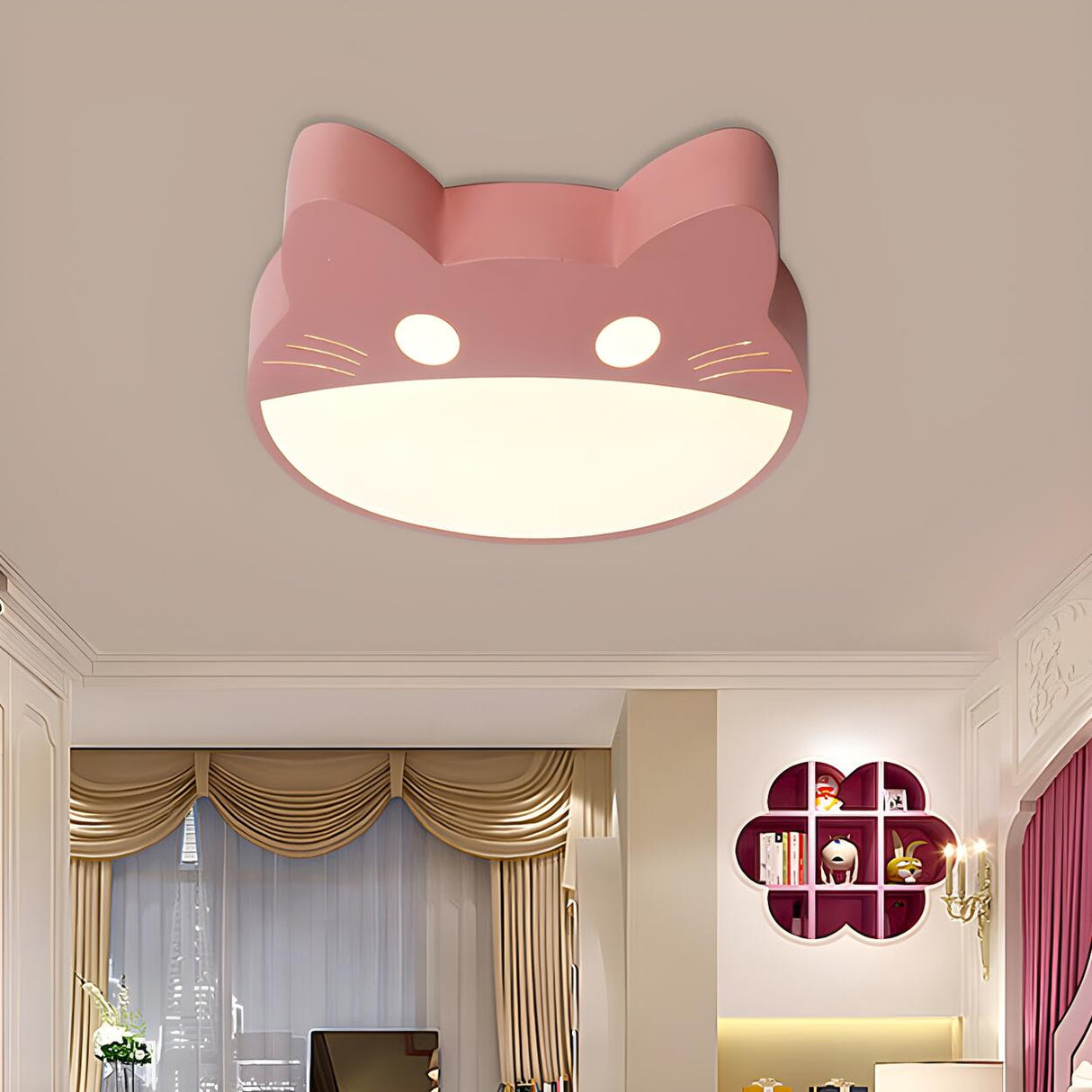 Kids Room Yellow Cat Shape LED Flush Mount Ceiling Lamp Image - 11