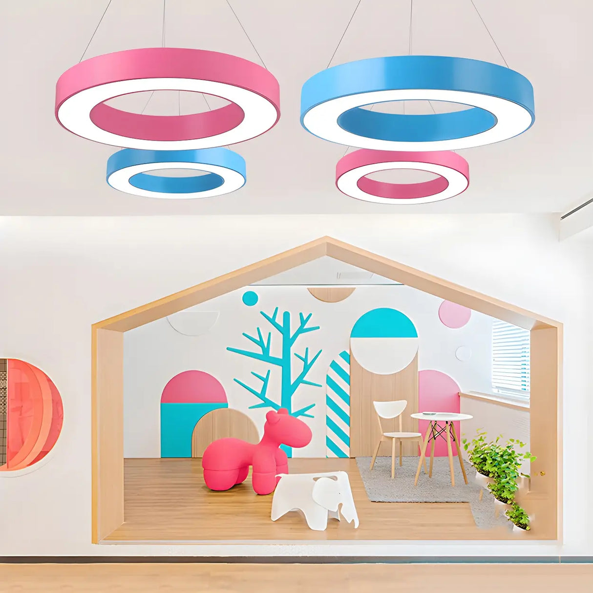 Kindergarten Colorful Circular Ring LED Pendant Light Image - 4