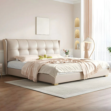 King Upholstered Tufted Leather Storage Wingback Bed Image - 1