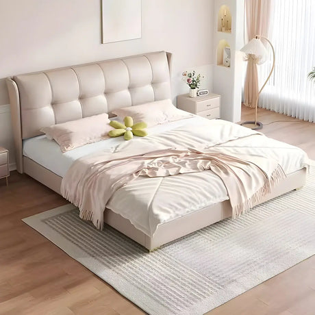 King Upholstered Tufted Leather Storage Wingback Bed Image - 2