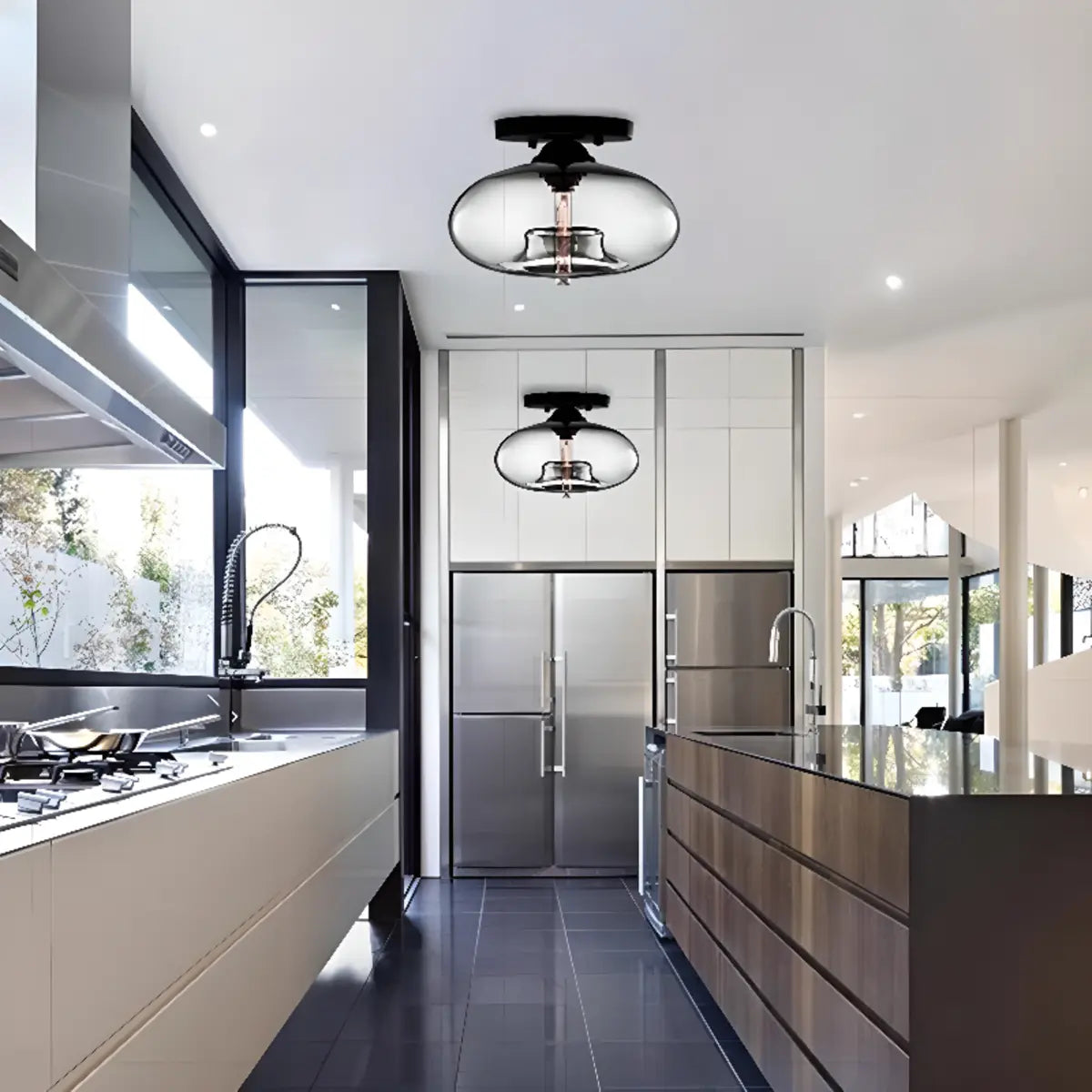  Kitchen Industrial Glass Flush Mount Ceiling Light Image - 6