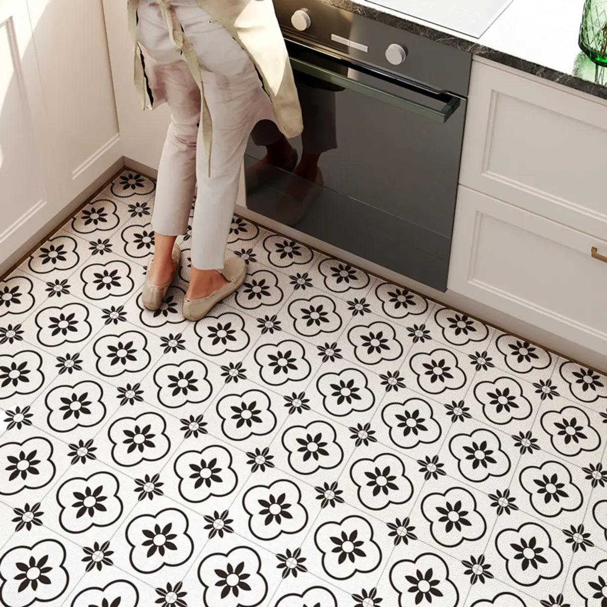 Kitchen Vinyl Rectangular Floral Pattern Blue Area Rug Image - 3