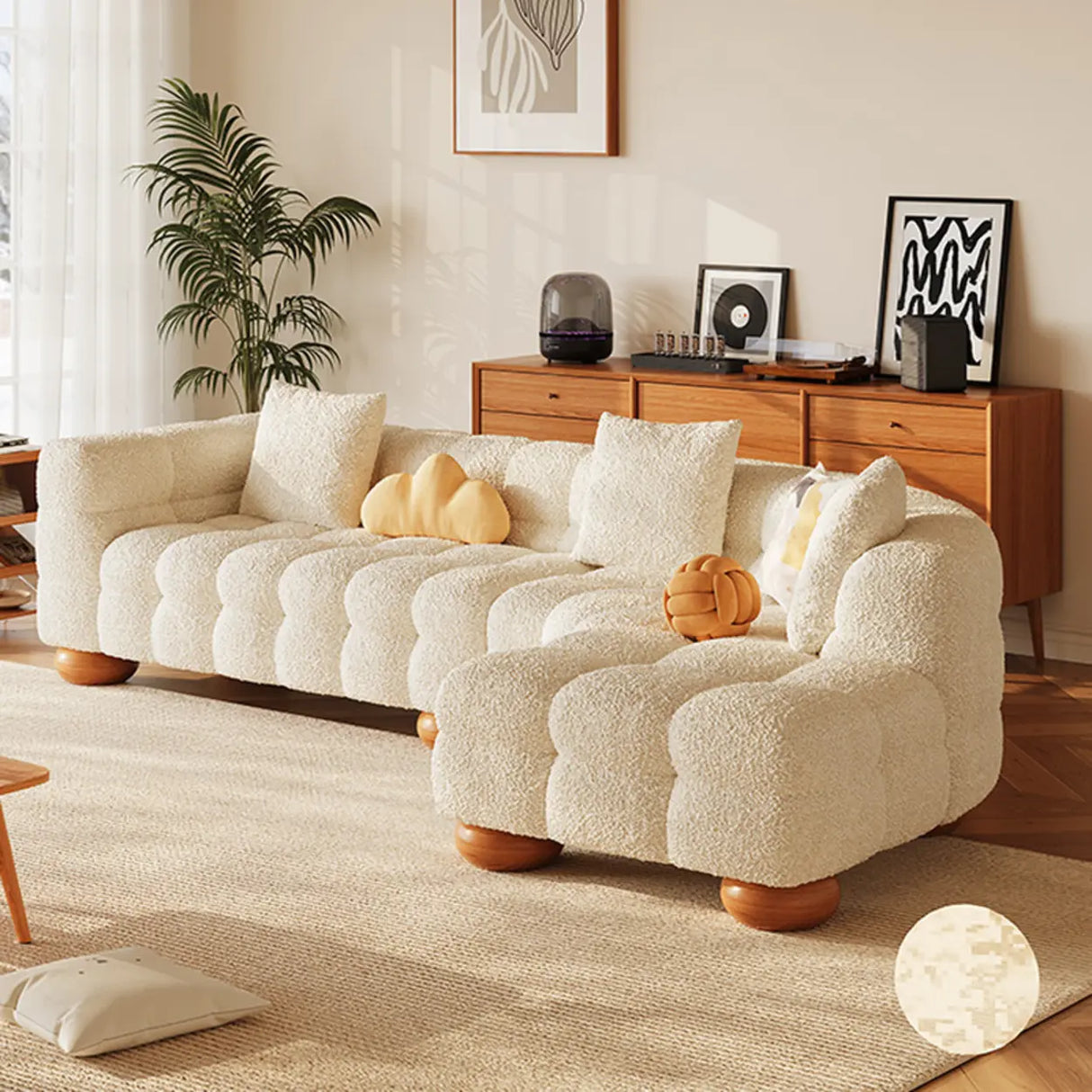 L-Shape Cream Medium Tufted Cozy Corner Sectional Sofa Image - 1
