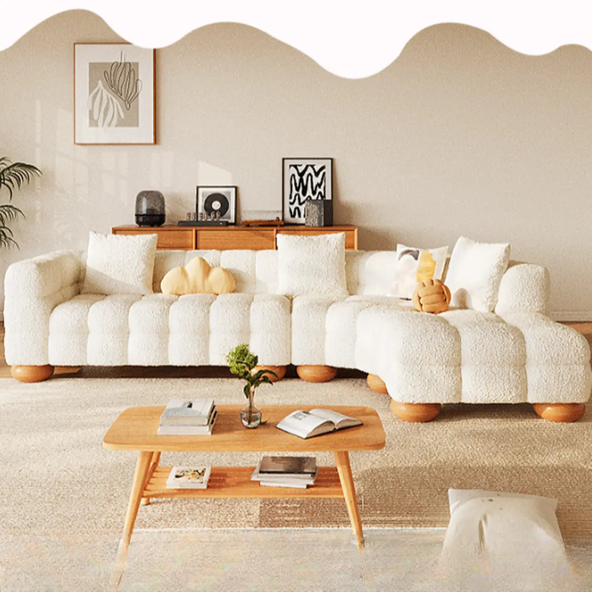L-Shape Cream Medium Tufted Cozy Corner Sectional Sofa Image - 4