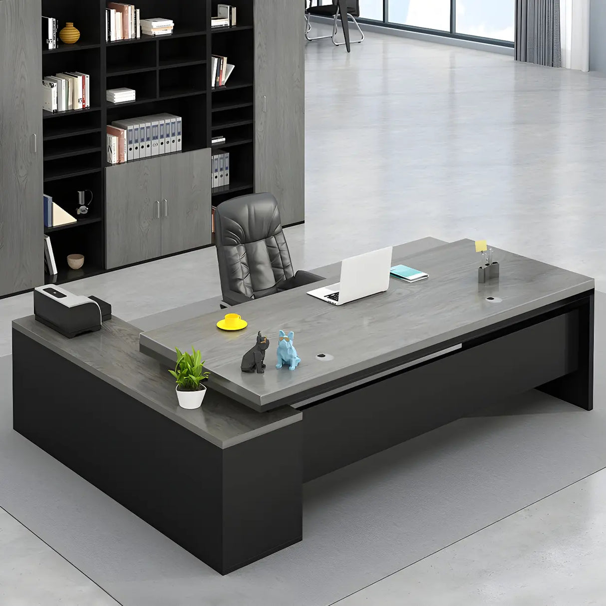L-Shape Executive Desk with Exterior Shelf and Cabinet Image - 1
