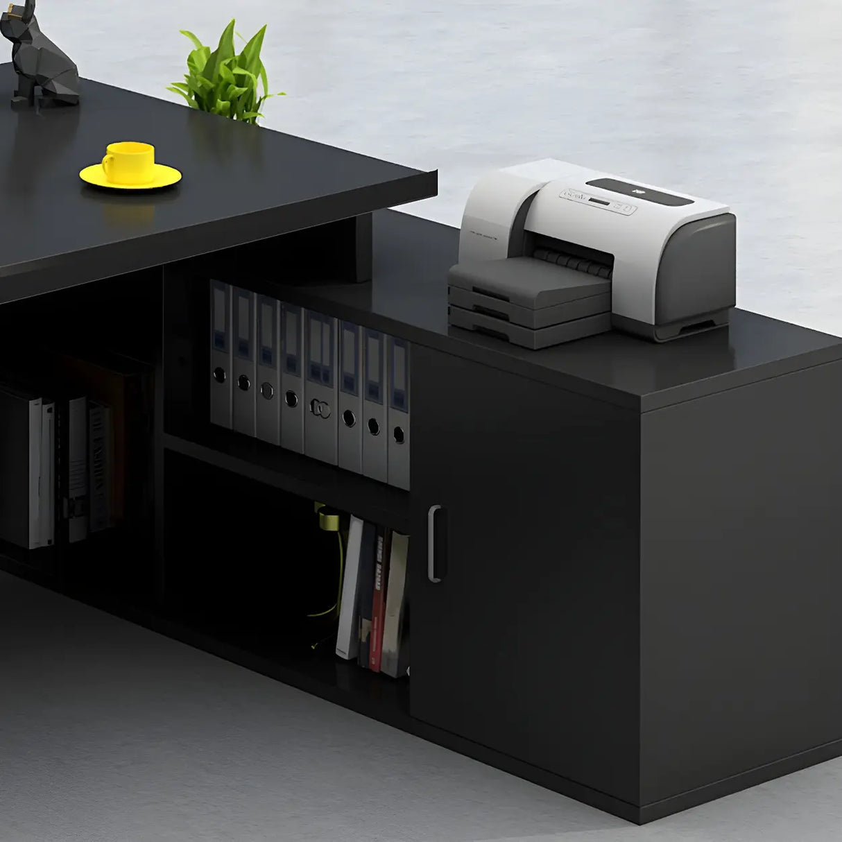 L-Shape Executive Desk with Exterior Shelf and Cabinet Image - 11