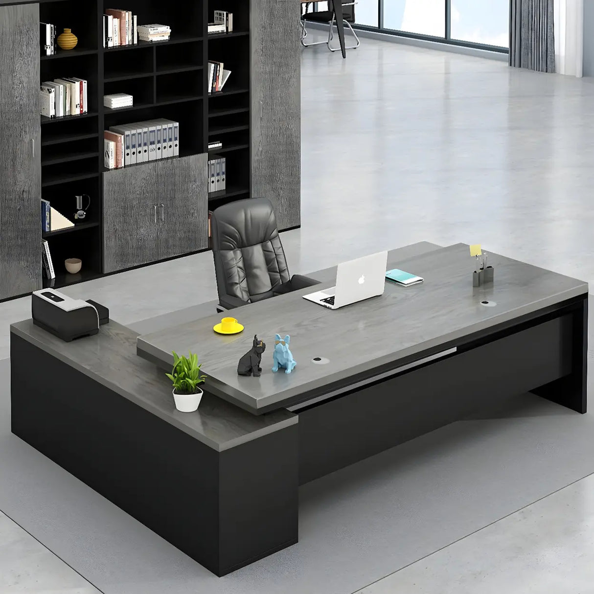 L-Shape Executive Desk with Exterior Shelf and Cabinet Image - 14