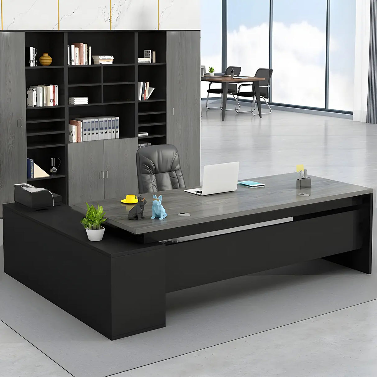 L-Shape Executive Desk with Exterior Shelf and Cabinet Image - 2