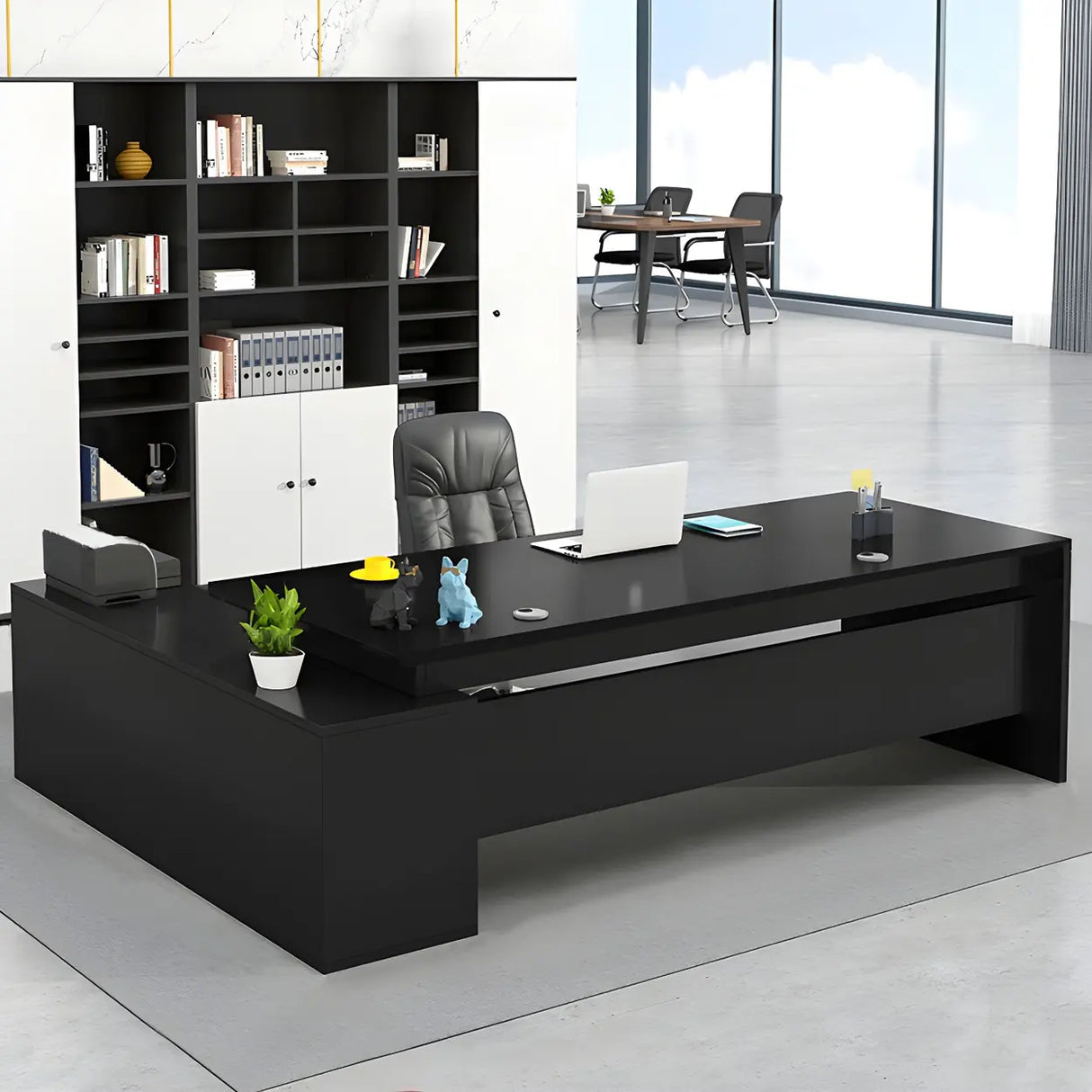 L-Shape Executive Desk with Exterior Shelf and Cabinet Image - 5