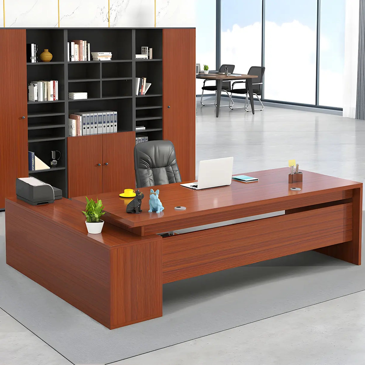 L-Shape Executive Desk with Exterior Shelf and Cabinet Image - 7