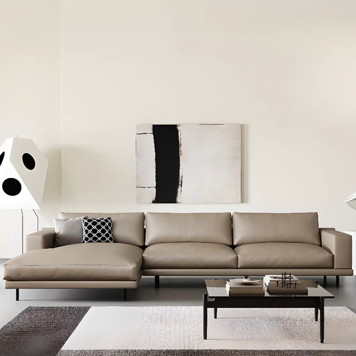 L-Shape Leather Stationary Cushion Back Sectional Sofa Image - 1