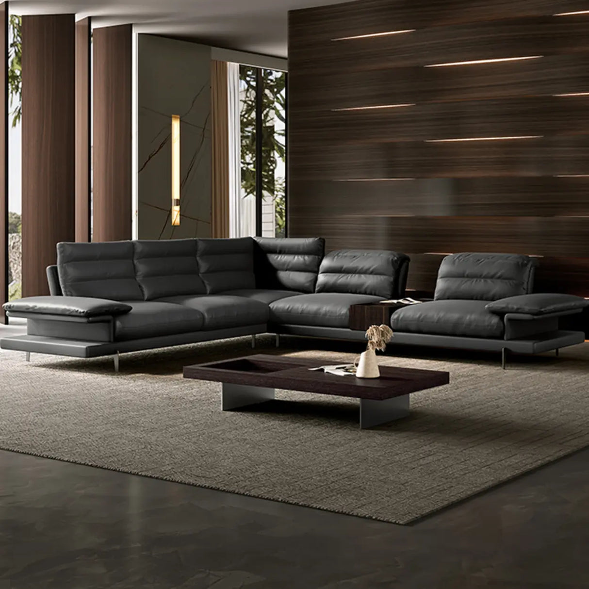 L-Shape Leather Storage Included Black 5-Seater Sofa Chaise Image - 4
