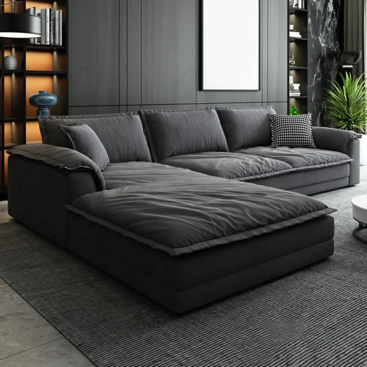 L-Shape Velvet Dark Grey Large Recliner Relaxation Sofa Image - 4