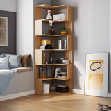 L-Shaped Modern 6-Tier Natural Wood Corner Bookcase Image - 1