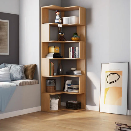 L-Shaped Modern 6-Tier Natural Wood Corner Bookcase Image - 1