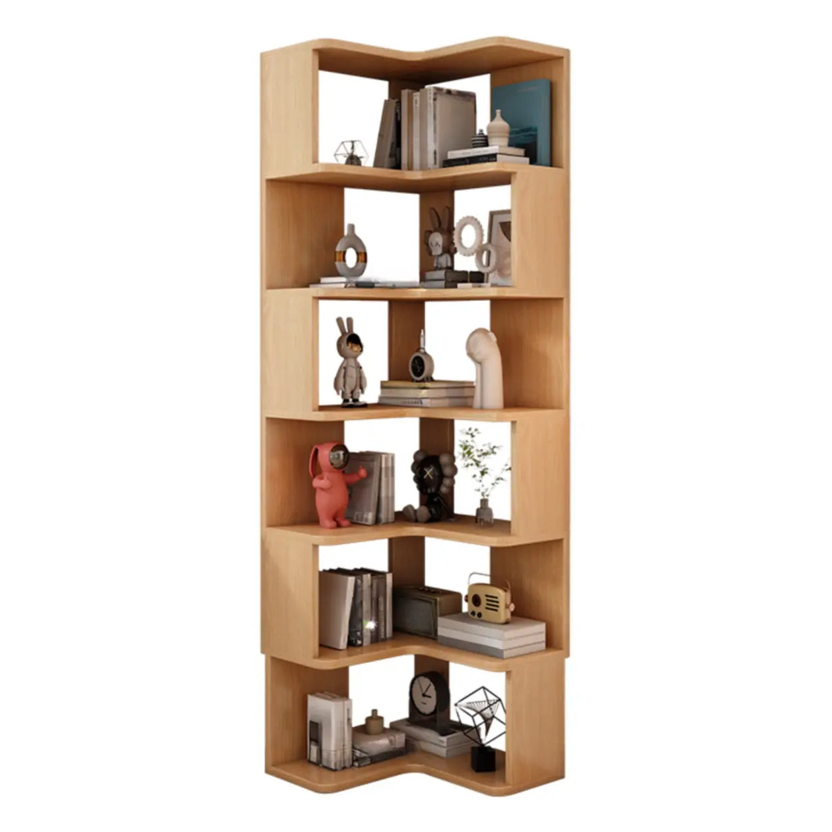 L-Shaped Modern 6-Tier Natural Wood Corner Bookcase Image - 10