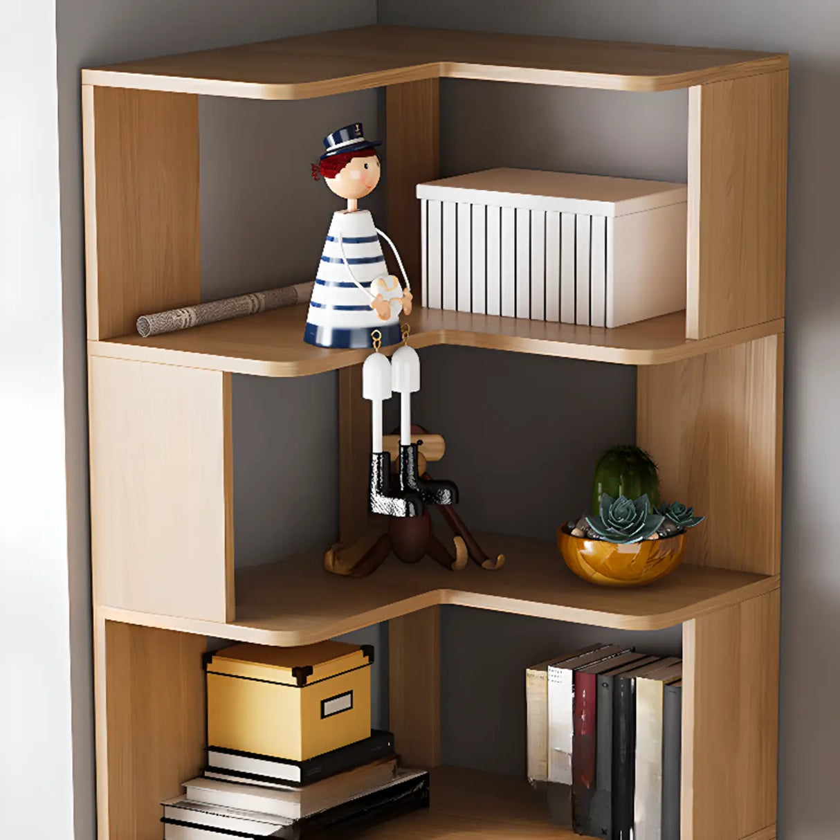 L-Shaped Modern 6-Tier Natural Wood Corner Bookcase Image - 12