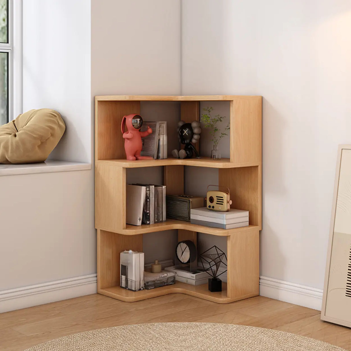 L-Shaped Modern 6-Tier Natural Wood Corner Bookcase Image - 15