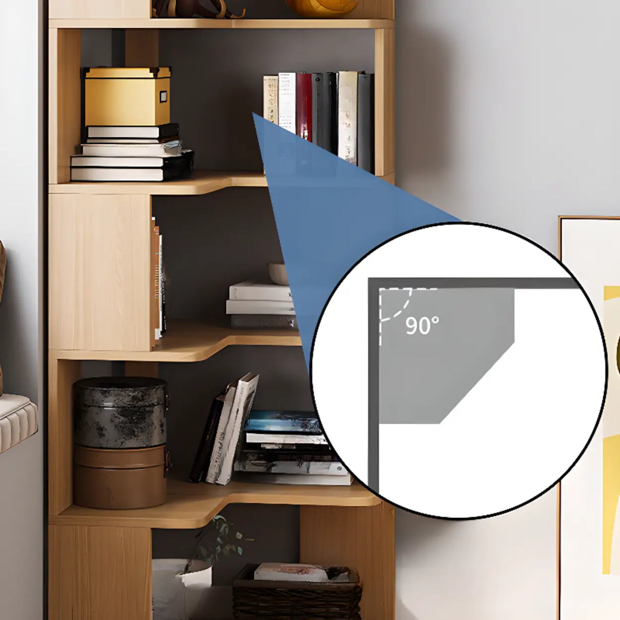 L-Shaped Modern 6-Tier Natural Wood Corner Bookcase Image - 17