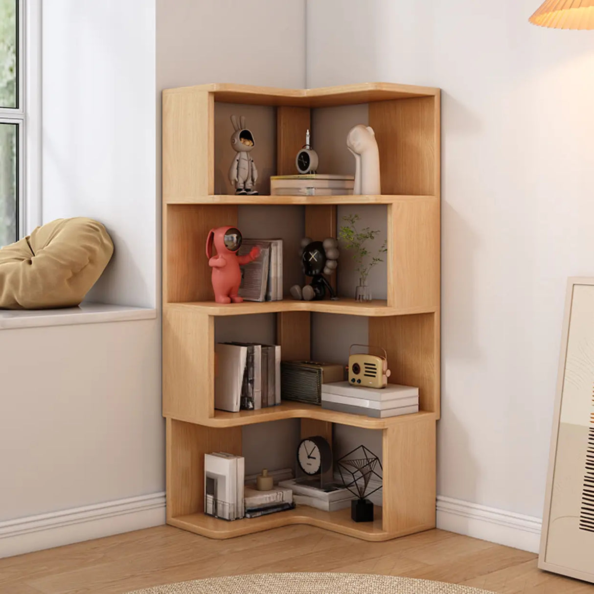 L-Shaped Modern 6-Tier Natural Wood Corner Bookcase Image - 18