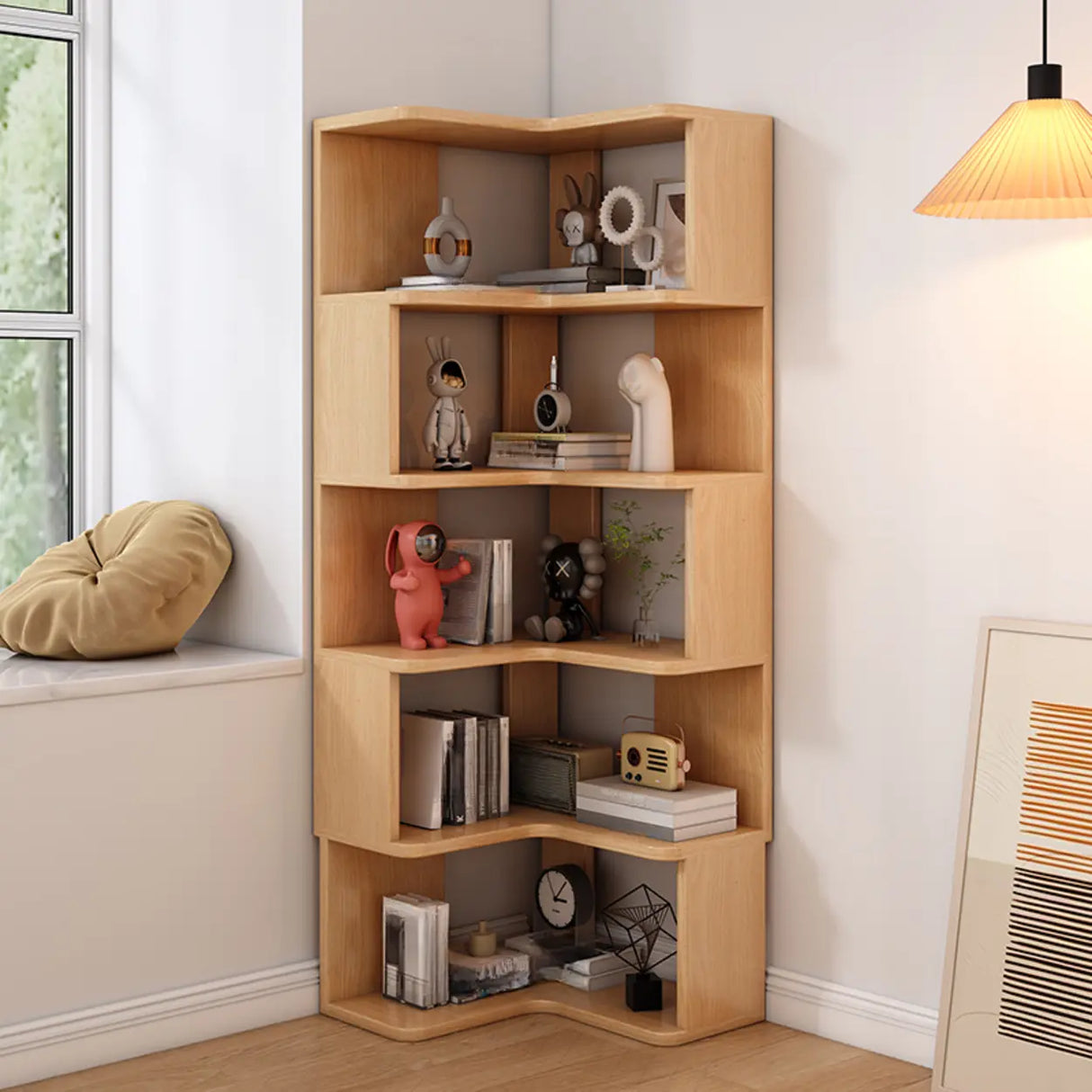 L-Shaped Modern 6-Tier Natural Wood Corner Bookcase Image - 19