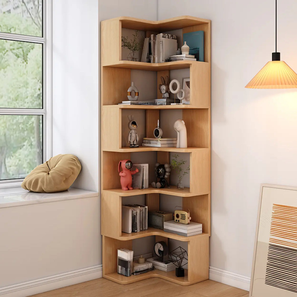 L-Shaped Modern 6-Tier Natural Wood Corner Bookcase Image - 20