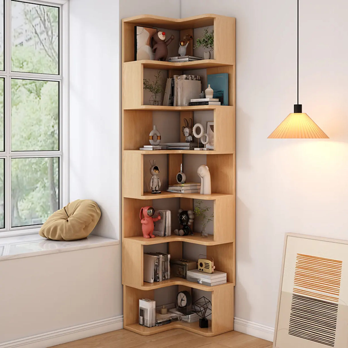 L-Shaped Modern 6-Tier Natural Wood Corner Bookcase Image - 21