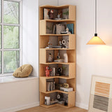 L-Shaped Modern 6-Tier Natural Wood Corner Bookcase Image - 21