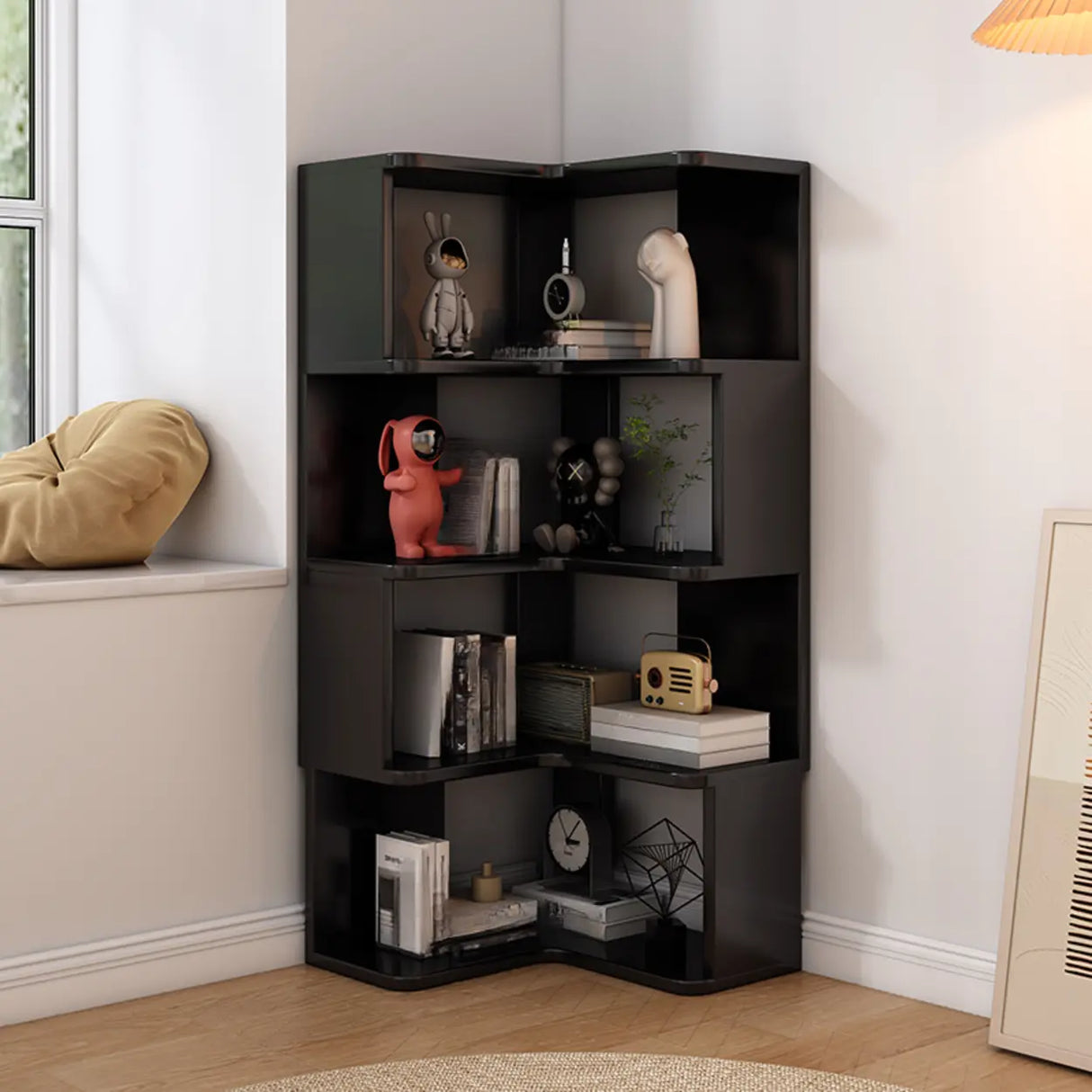 L-Shaped Modern 6-Tier Natural Wood Corner Bookcase Image - 24