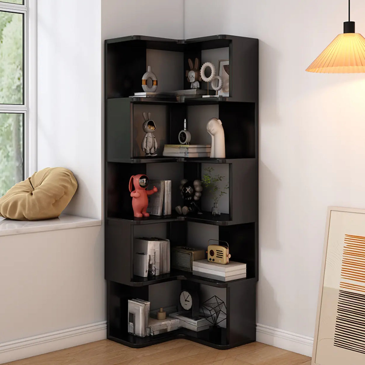 L-Shaped Modern 6-Tier Natural Wood Corner Bookcase Image - 25
