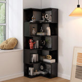 L-Shaped Modern 6-Tier Natural Wood Corner Bookcase Image - 25