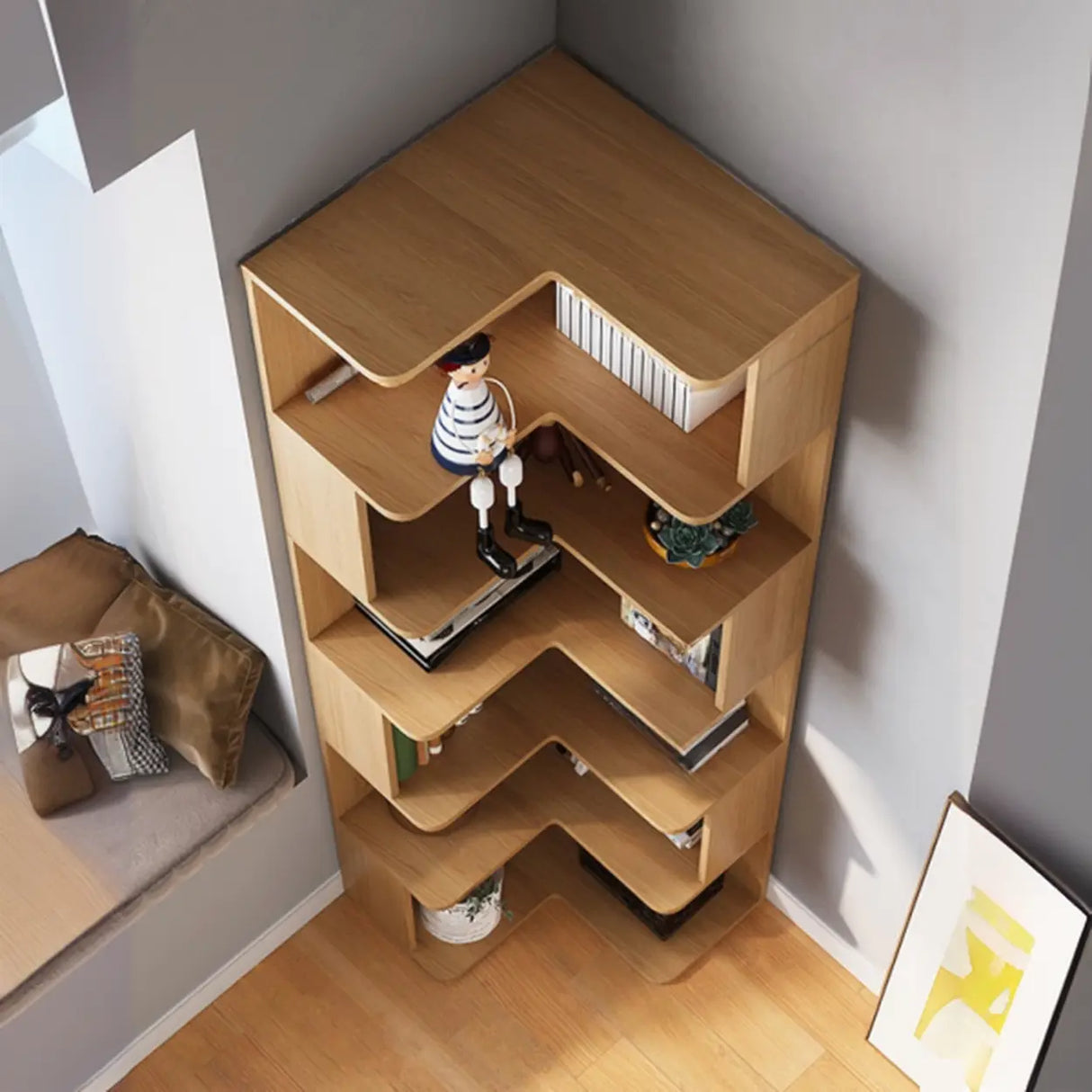 L-Shaped Modern 6-Tier Natural Wood Corner Bookcase Image - 3