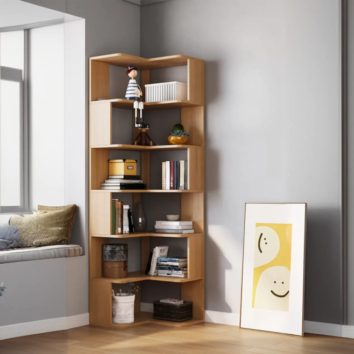 L-Shaped Modern 6-Tier Natural Wood Corner Bookcase Image - 6