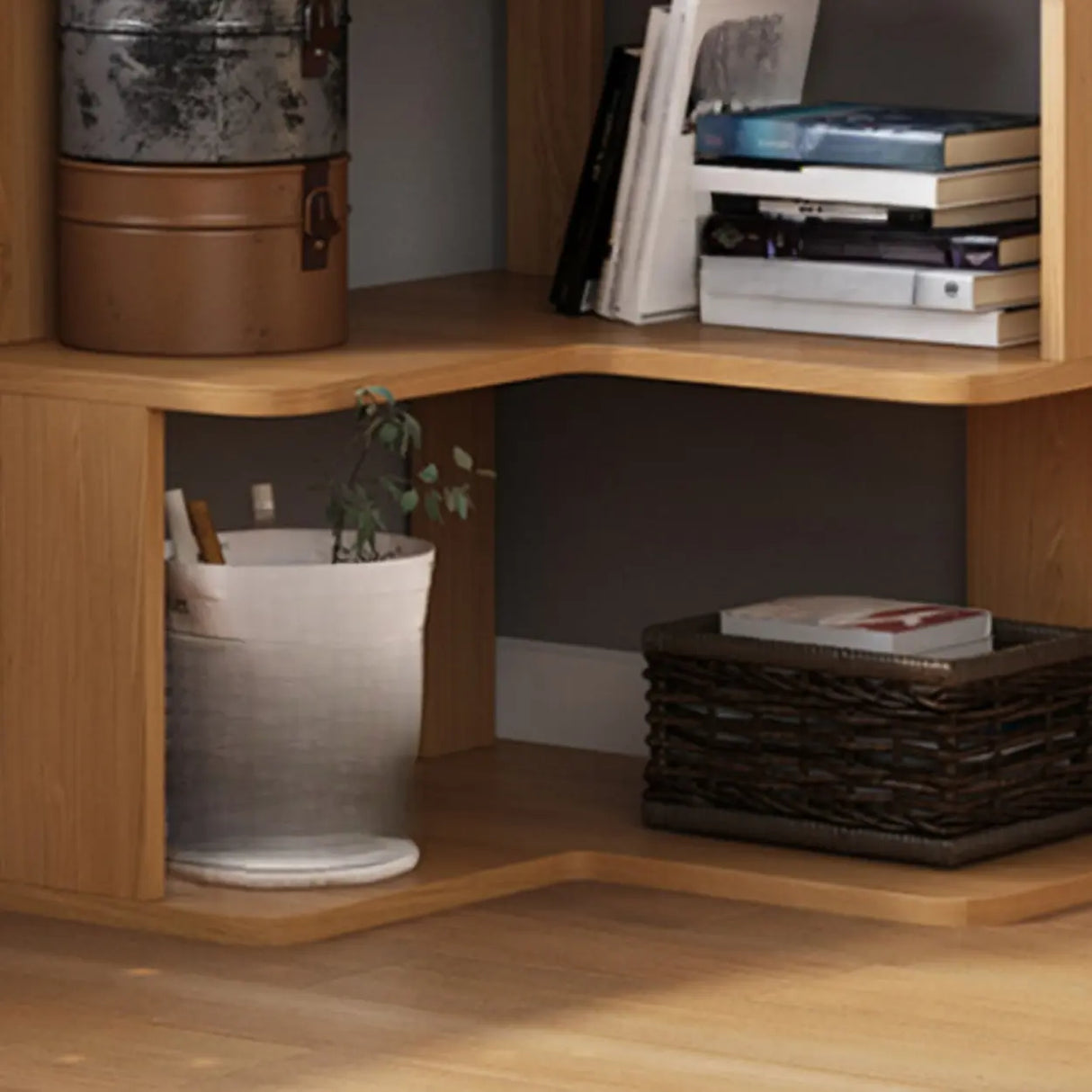 L-Shaped Modern 6-Tier Natural Wood Corner Bookcase Image - 8