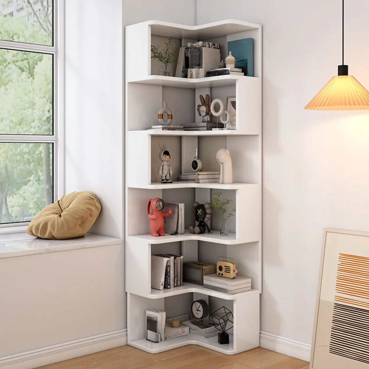 L-Shaped Modern 6-Tier Natural Wood Corner Bookcase Image - 9