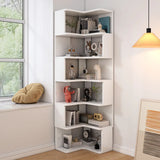 L-Shaped Modern 6-Tier Natural Wood Corner Bookcase Image - 9