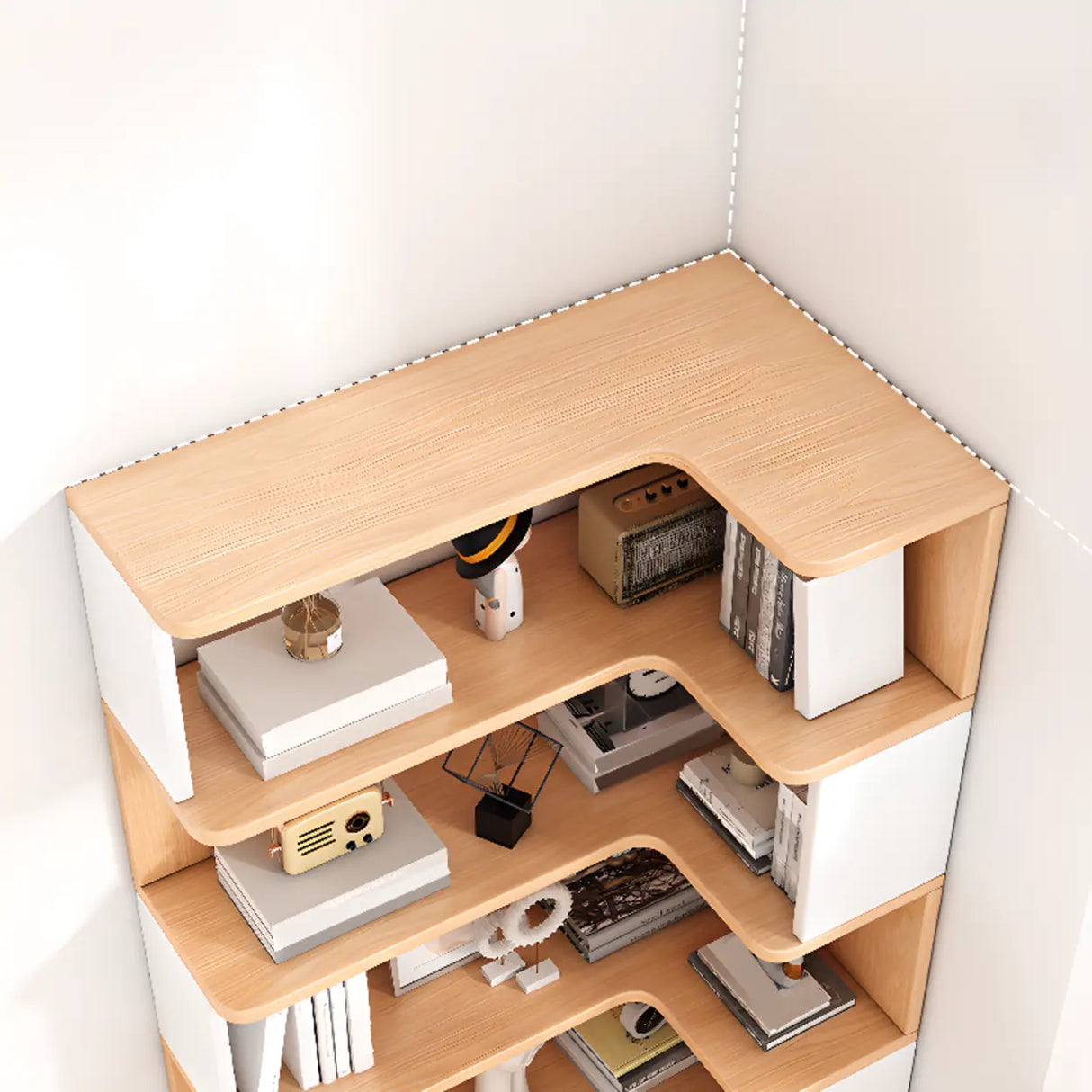 L-Shaped Modern Open Back Corner Solid Wood Bookcase Image - 10