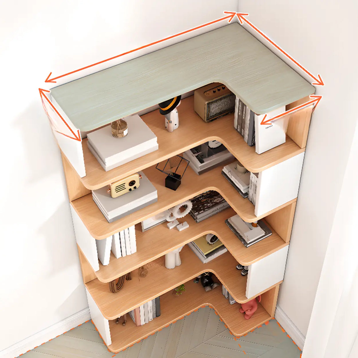 L-Shaped Modern Open Back Corner Solid Wood Bookcase Image - 14