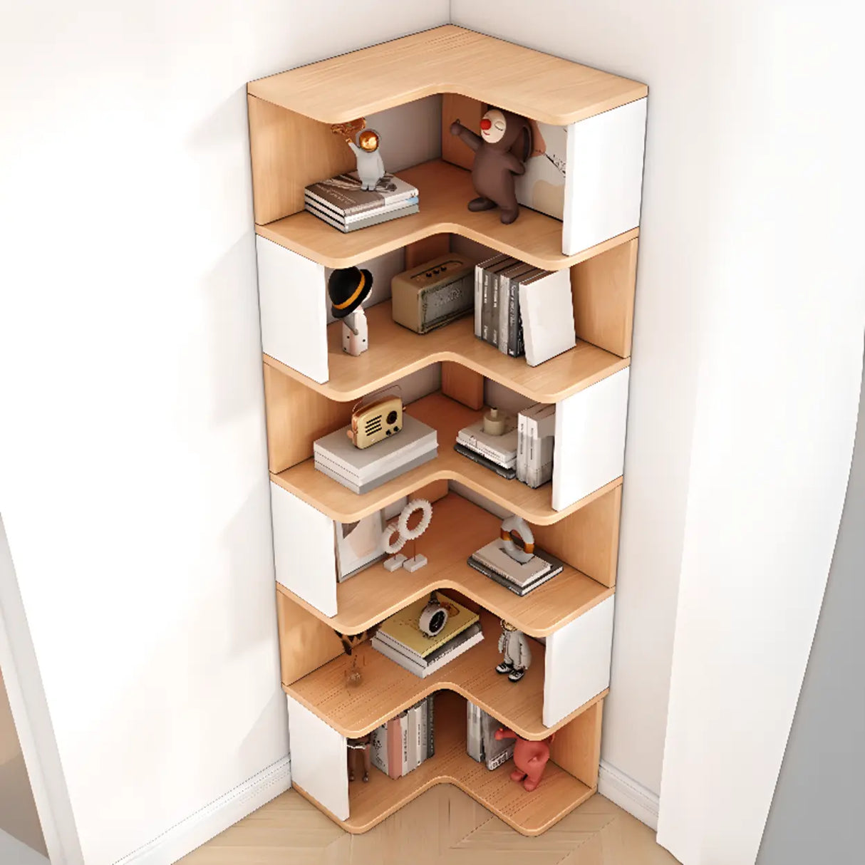 L-Shaped Modern Open Back Corner Solid Wood Bookcase Image - 3