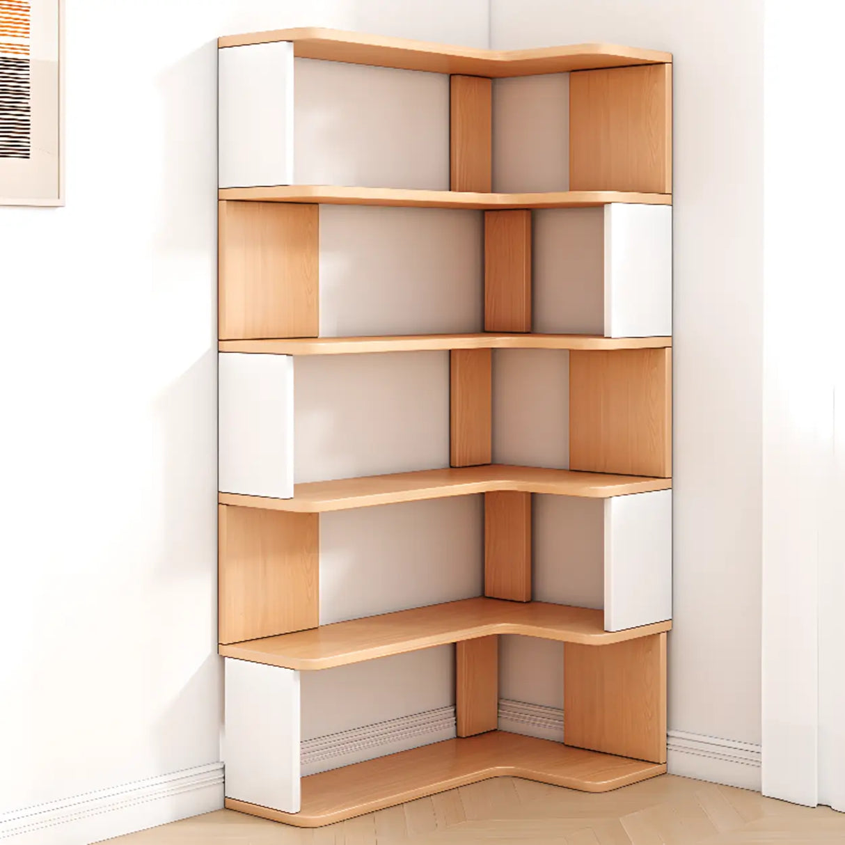 L-Shaped Modern Open Back Corner Solid Wood Bookcase Image - 4